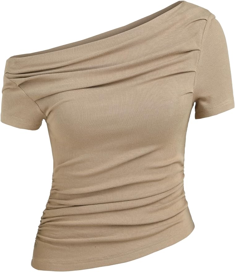 CIDER Asymmetrical Neck Ruched Short Sleeve Top