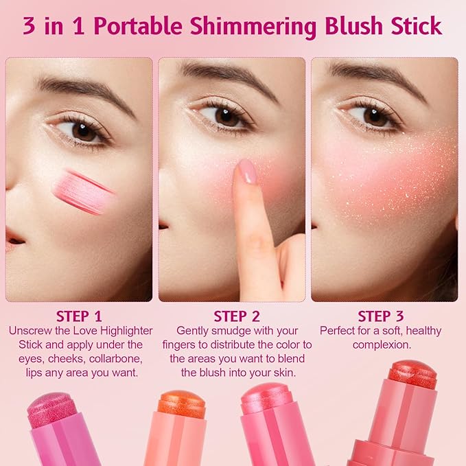 4 Colors Cooling Water Jelly Blush/Tint, Glitter Multi-Use Stick