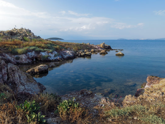 a body of water surrounded by rocks and grass