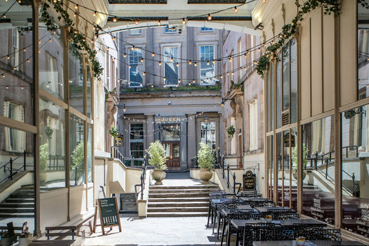 An elegant outdoor dining area with a view.