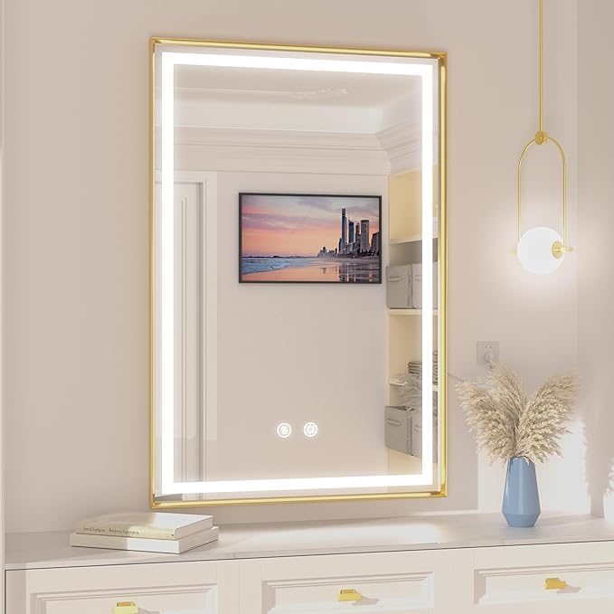 24x36 Inch Gold Framed Bathroom Mirror with Light