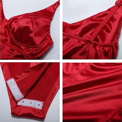 Velius Women's Sexy Deep V Neck Shiny Thong Bodysuit