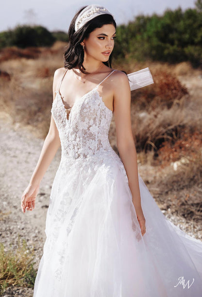 a bride and groom pose for a picture 